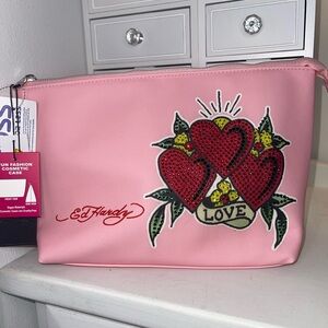 NWT Ed Hardy Pink Cosmetic Bag with Bedazzled Heart and Love Design